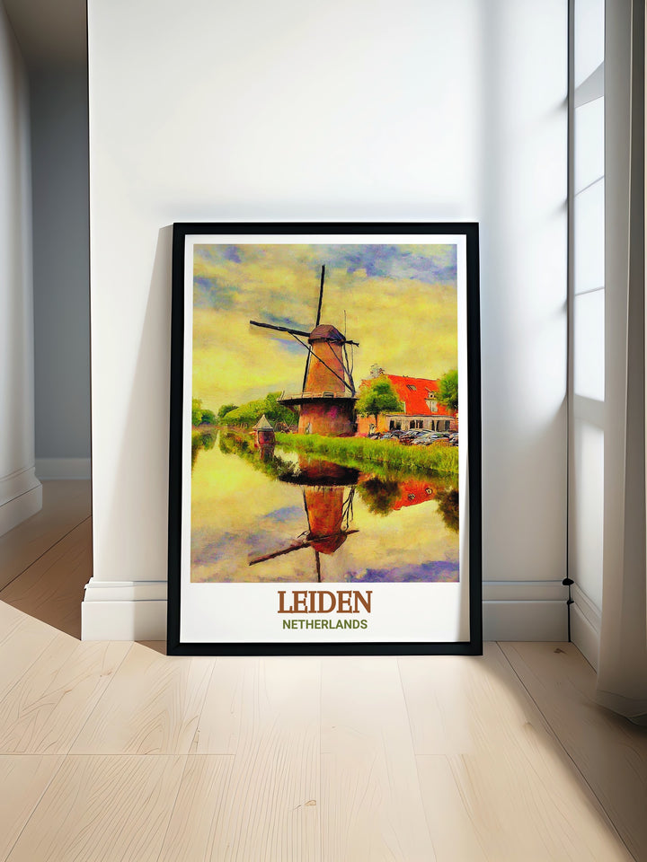 A beautiful travel print of Leiden, featuring its historic university, peaceful canals, and cultural landmarks. This framed art is ideal for home decor, bringing the essence of the Netherlands into your living space and offering a unique gift for lovers of Dutch cities.