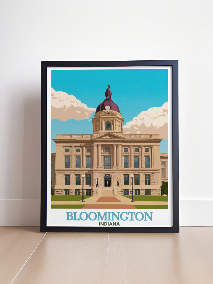 Monroe County Courthouse prints highlighting the intricate details of Bloomington Indianas famous landmark ideal for creating a focal point in your home decor with a blend of modern and vintage art styles