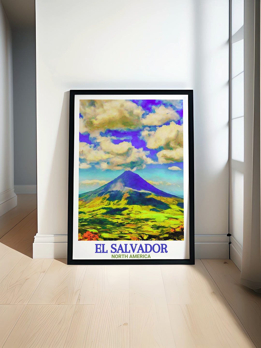 Santa Ana Volcano travel poster showcasing vibrant colors and intricate details of El Salvadors iconic natural wonder perfect for home decor and art lovers bringing the beauty and majesty of Santa Ana Volcano into your living space with this stunning artwork