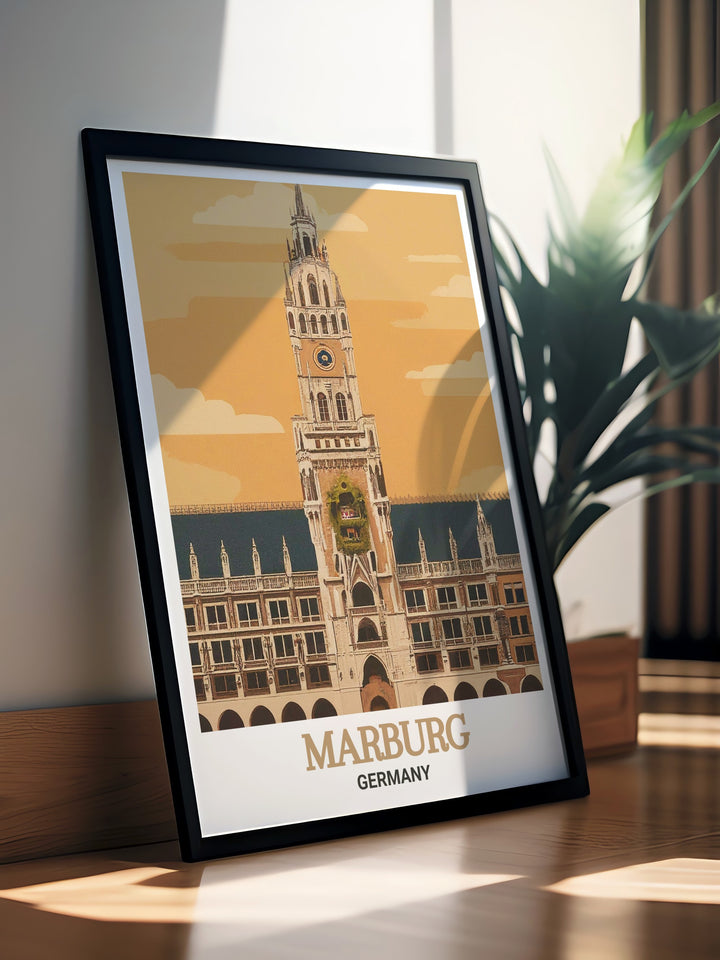 Celebrate the historic charm of Marburgs Rathaus with this exquisite travel poster. The print captures the Town Halls architectural splendor and cultural significance, making it a beautiful addition to your home decor. Perfect for art lovers and history buffs alike, this poster brings a piece of Germany into your living space