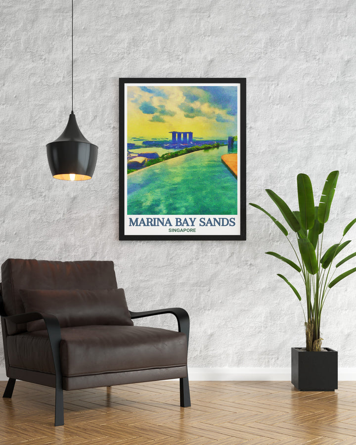 Singapore Vintage Poster inspired by classic travel art, showcasing Marina Bay Sands and the Infinity Pool, blending the charm of vintage design with modern day luxury. This poster is a timeless addition to any art collection.