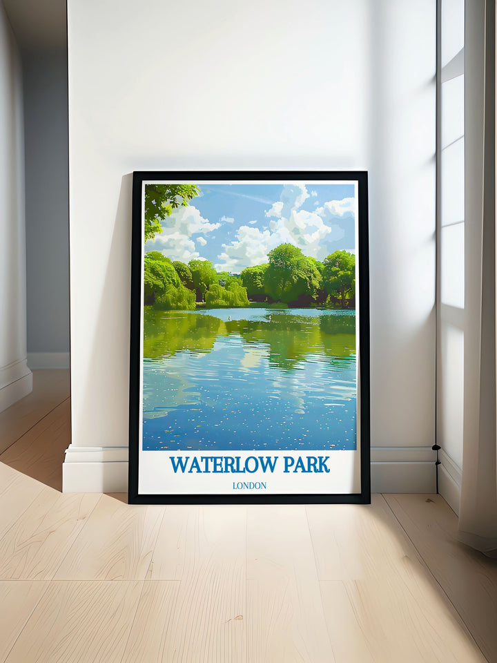 Experience the peaceful beauty of Waterlow Park Print with Highgate Ponds Stunning Living Room Décor perfect for adding a touch of elegance to your space while celebrating Londons serene parks and historic landmarks in North London