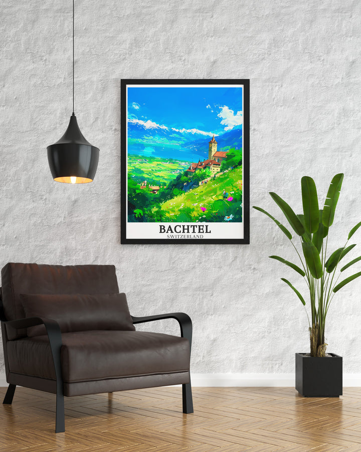 Captivating art print of Bachtel and Lake Zurich, featuring the picturesque landscapes and serene atmosphere of this iconic Swiss destination. Perfect for adding a sophisticated touch to your decor. Ideal gift for nature lovers and Swiss culture enthusiasts.