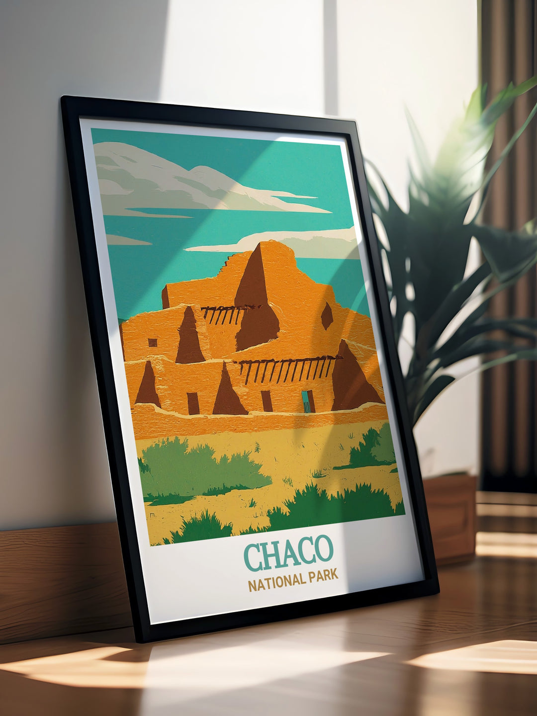 Elegant wall art of Pueblo Bonito, Chaco National Park, Argentina, focusing on the grandeur of the ancient ruins and the surrounding landscape. A perfect choice for those who appreciate art with historical significance.