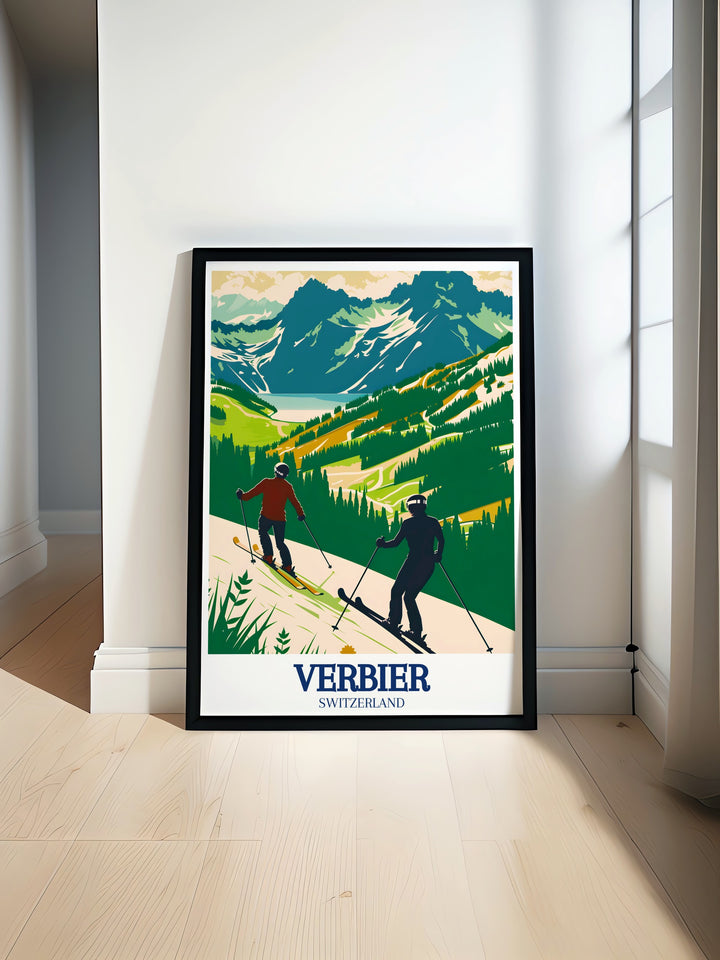 Lake des Vaux wall poster capturing the peacefulness and beauty of the Swiss Alps. A perfect blend of nature and tranquility, this art piece offers a glimpse into the serene atmosphere surrounding one of Verbiers most scenic spots, making it a thoughtful gift for art and nature lovers.