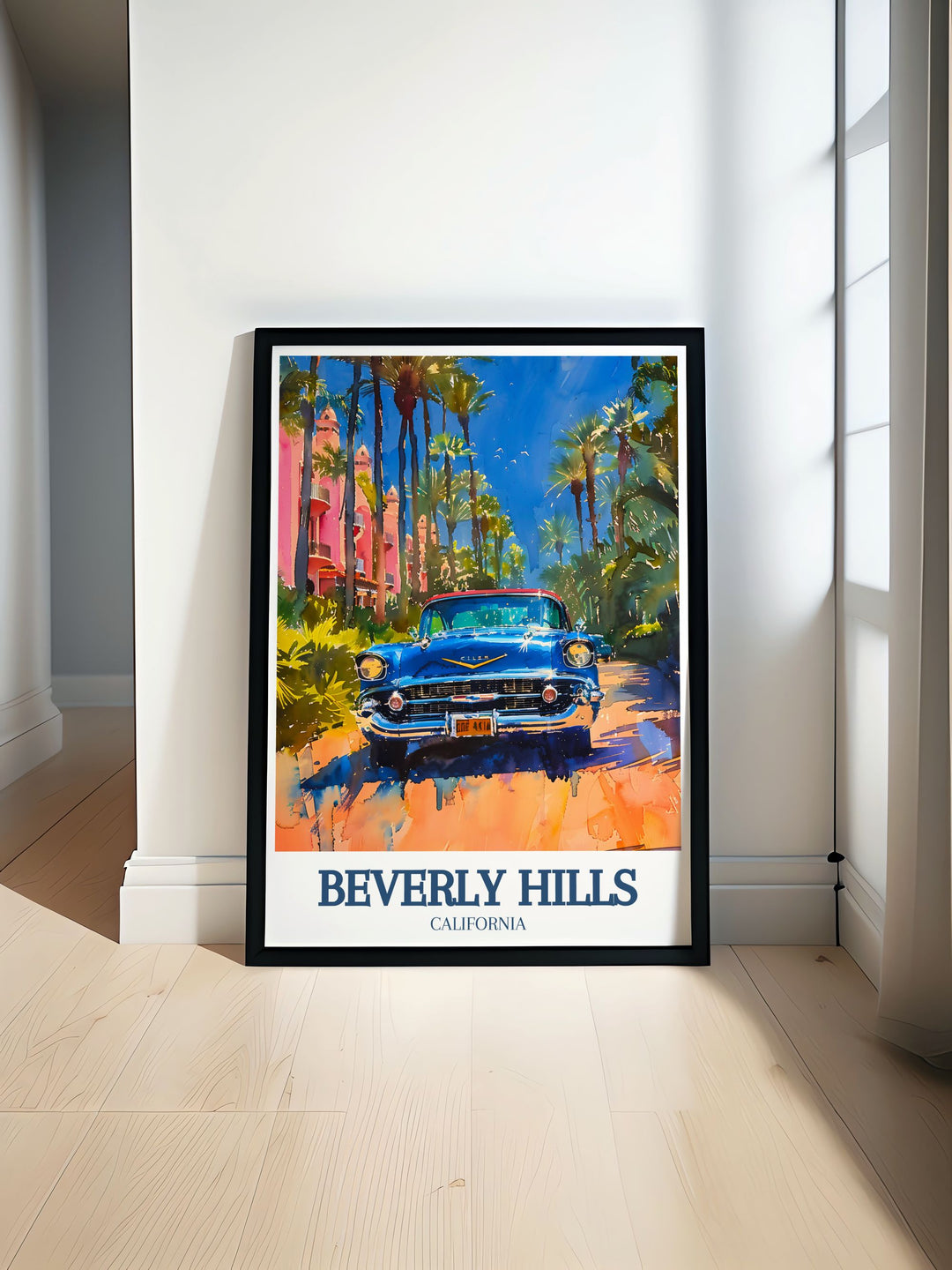 Elegant Beverly Hills poster featuring the iconic Beverly Hills Hotel and the glamorous Hollywood district, capturing the essence of Californias luxury and charm. Perfect for adding a touch of sophistication to your home decor.