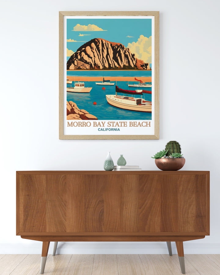 This travel poster of Morro Bay highlights the vast beauty of Morro Bay State Beach and the lively activity of Morro Bay Harbor. The artworks intricate details and bold colors make it a standout piece for lovers of Californias coast.