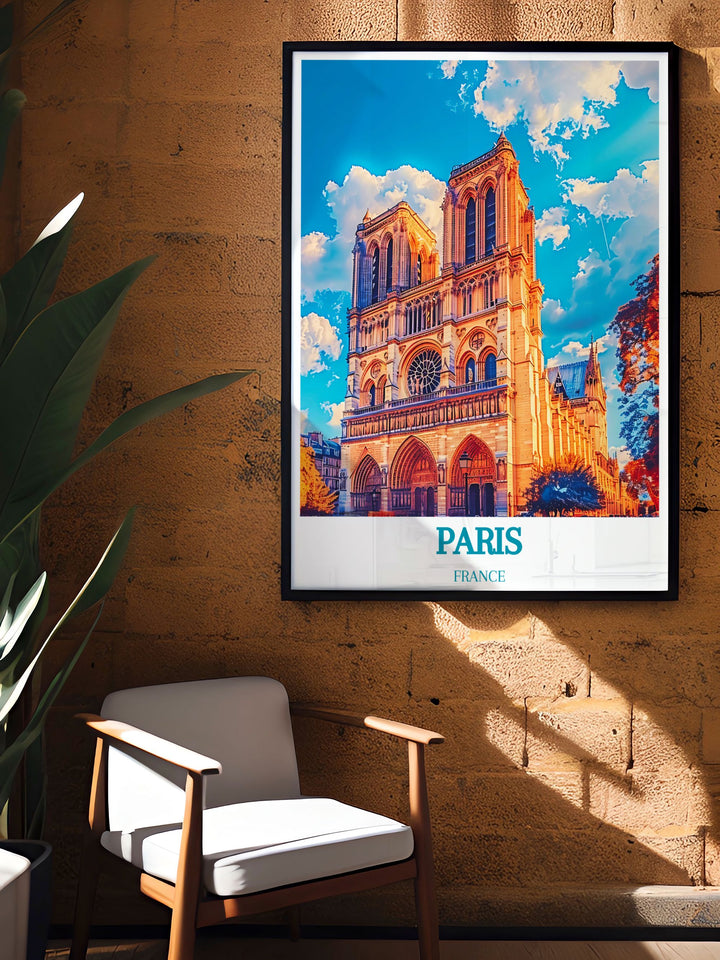 Paris Wall Art featuring the majestic Notre Dame Cathedral in vivid colors. This elegant Travel Print Poster adds a sophisticated touch to your interior and makes a memorable gift.