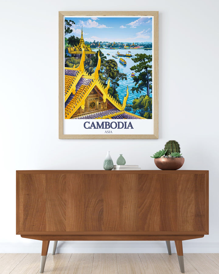 Royal Palace, Phnom Penh, Tonle Sap Lake wall art featuring the majestic palace and serene lake. This print is a celebration of Cambodias architectural brilliance and natural beauty. Ideal for art collectors and those who appreciate ancient wonders.
