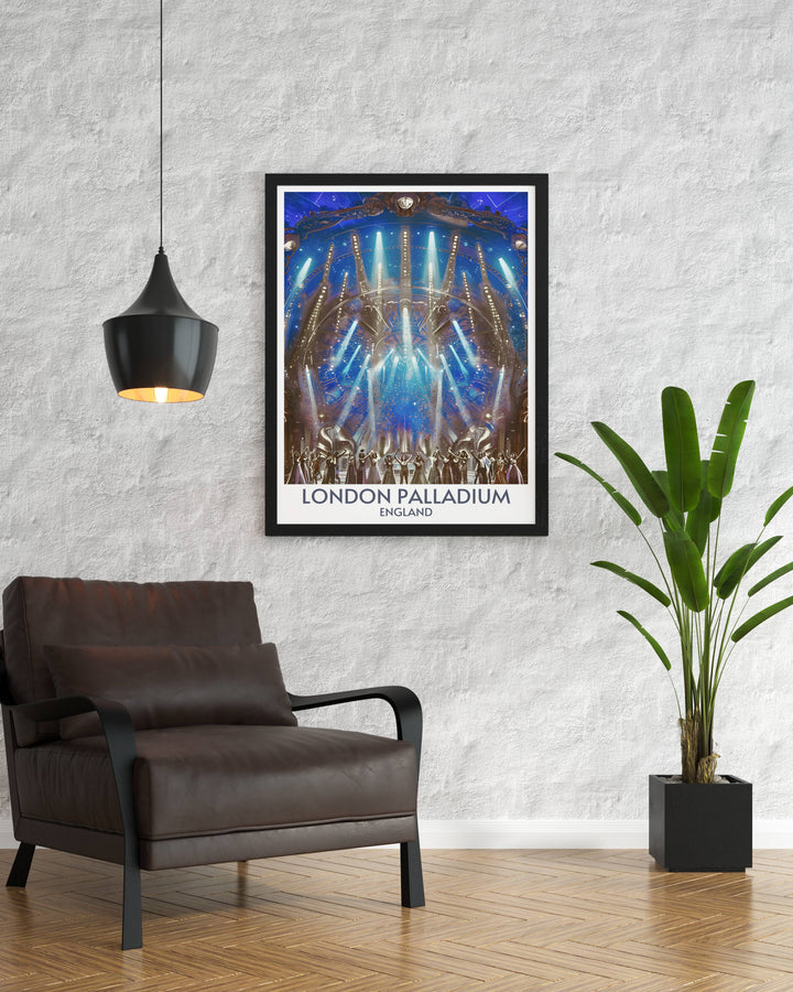 Stage Performances Stunning Living Room Décor showcasing the London Palladium. This Art Deco print highlights the architectural elegance and historic significance of the Palladiums stage performances, making it a unique addition to any home.