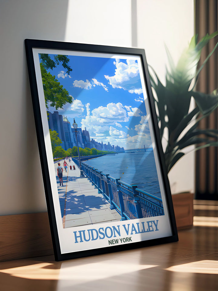 Hudson Riverfront Park framed print capturing the beauty of the Hudson Valley with a detailed street map design this elegant wall art is perfect for modern home decor and makes a thoughtful gift for any occasion from birthdays to anniversaries or holidays like Christmas.