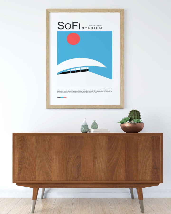 Perfect for Rams fans this minimalist sports art poster of SoFi Stadium Los Angeles offers a stylish way to display team pride ideal for a sports bedroom office or dedicated fan cave in any home