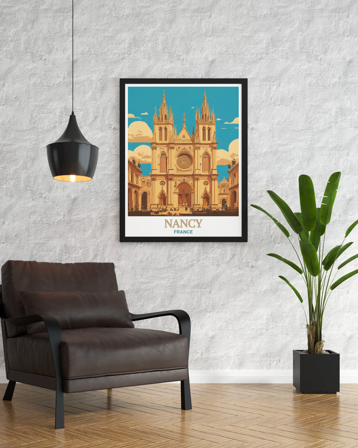 This Nancy wall poster features an intricate view of Nancy Cathedral, one of Frances most celebrated landmarks. A beautiful addition to your travel art collection or as a gift for history enthusiasts.