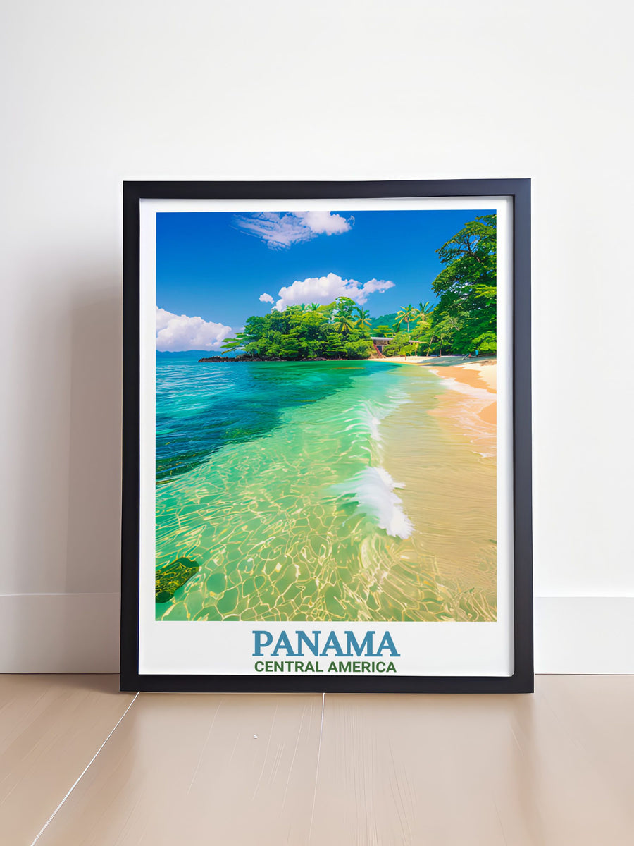 Panama Wall Poster featuring the lively Panama City Beach and the serene beauty of Bocas del Toro. This travel print is perfect for adding a touch of tropical charm to your coastal home decor or as a unique vacation memory gift.