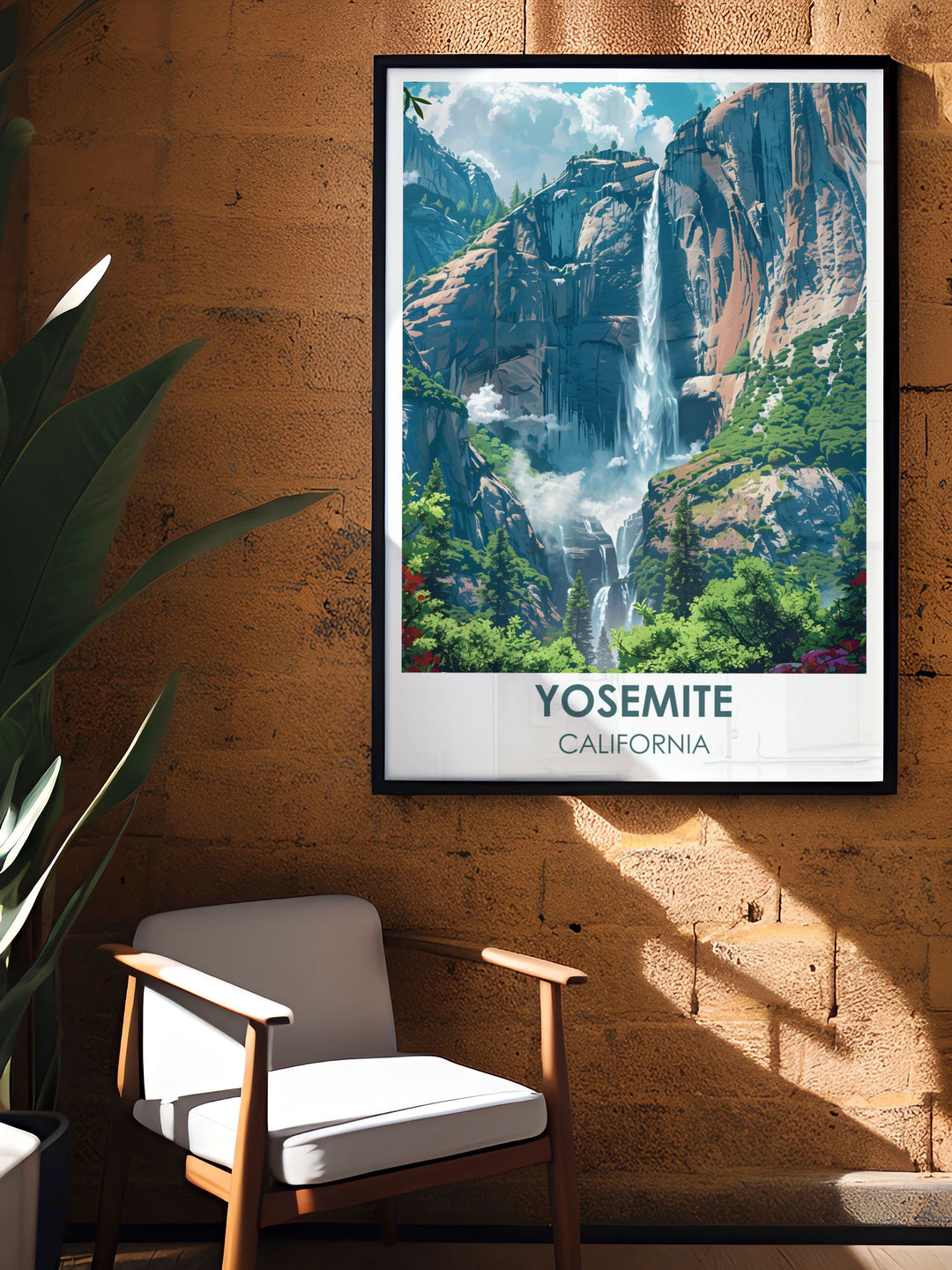 This Yosemite travel poster features the iconic El Capitan, with its sheer granite cliffs illuminated by the golden light of dawn, making it an ideal addition to any collection of national park prints.