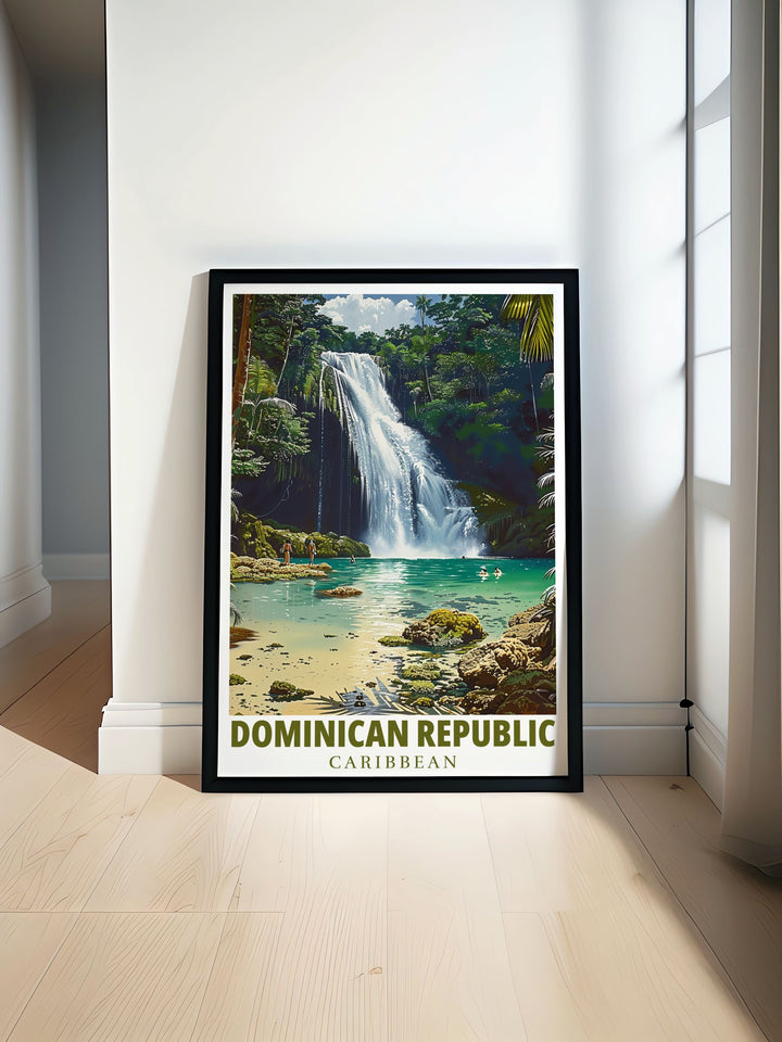 El Limon Waterfall travel poster capturing the stunning natural beauty of one of the Dominican Republics most iconic waterfalls perfect for home décor and art enthusiasts