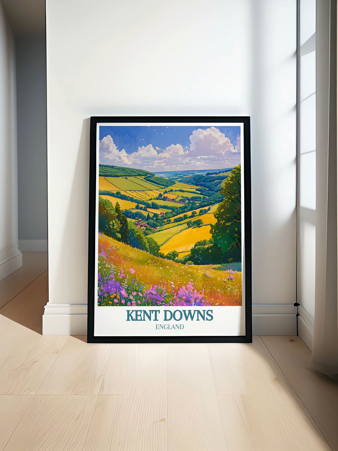 Vibrant art print of Kent Downs Area of Outstanding Natural Beauty AONB featuring lush meadows and rolling hills perfect for adding a touch of nature to your home decor. Ideal for nature enthusiasts and art lovers seeking tranquility and beauty.