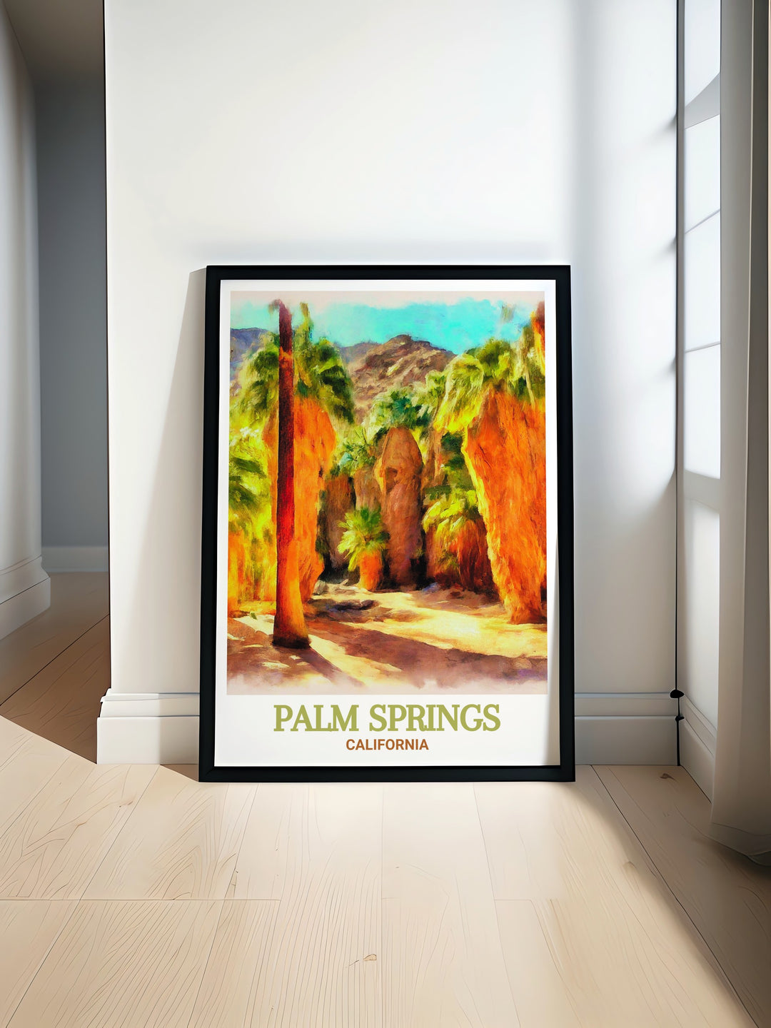 Indian Canyons travel poster featuring the serene landscapes and iconic Yellow Hotel in Palm Springs. This vibrant print captures the essence of Palm Springs, making it an ideal piece for anyone looking to add a splash of color and style to their wall decor.