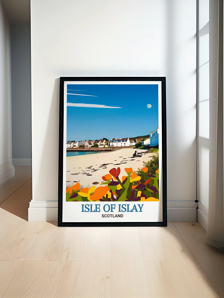 A detailed illustration of Port Ellen, Isle of Islay, focusing on the villages historic architecture and natural beauty. This artwork is perfect for anyone who appreciates the art of Scottish coastal landscapes.