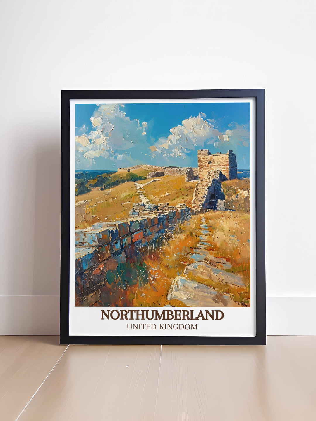 Vintage Travel Print showcasing Bamburgh Castle and Hadrians Wall with intricate details and vibrant colors making it a stunning centerpiece for any room and a perfect addition to your home decor