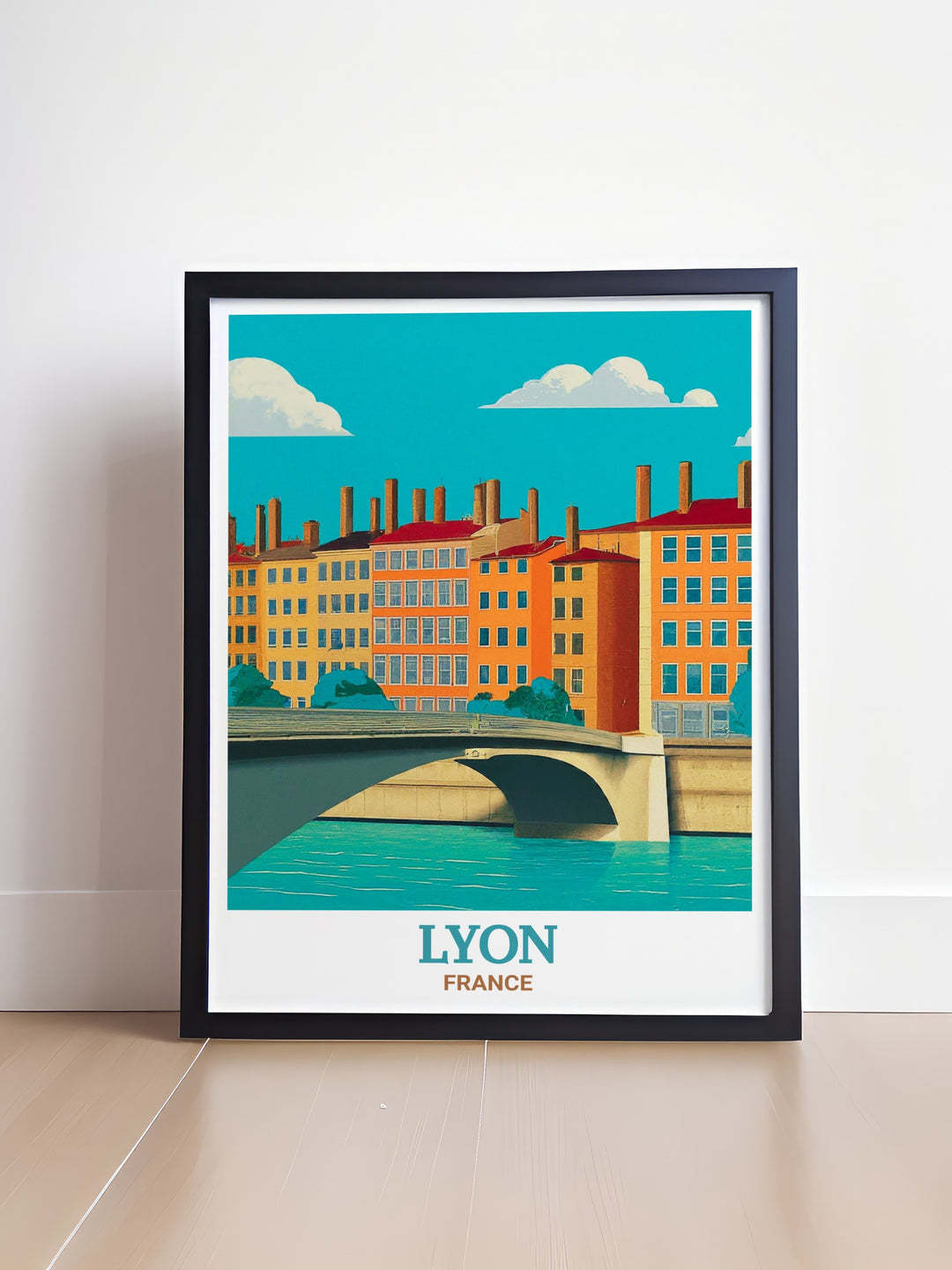 Lyon Travel Print showcasing the picturesque beauty of Vieux Lyon, with detailed depictions of its iconic buildings and narrow alleys. This print is ideal for adding a touch of French elegance to your home decor and celebrating the unique character of this UNESCO World Heritage site.