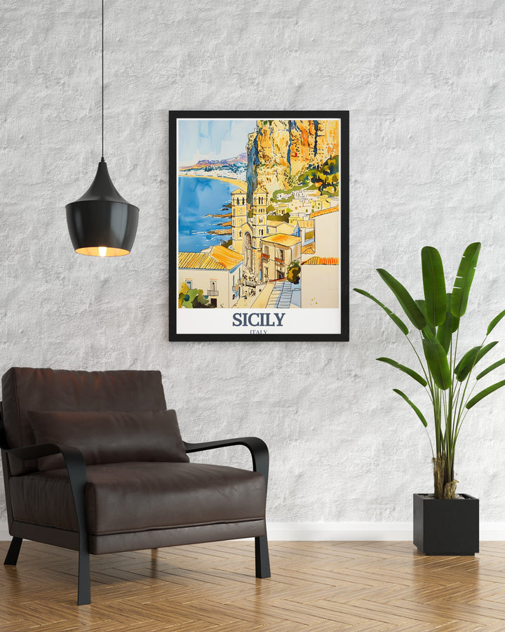 Experience the beauty of Sicilys coastal treasures with this Cefalù wall print. The poster highlights the stunning views of La Rocca and the charming town below, offering a perfect blend of history, art, and natural beauty for any room or occasion.