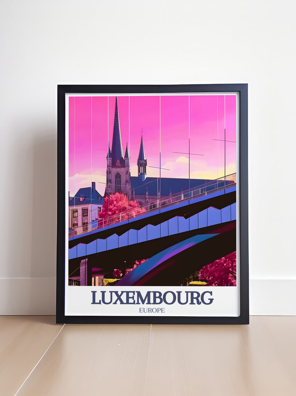 Luxembourg Travel Print brings the heart of the city to life with its depictions of Notre Dame Cathedral and Adolphe Bridge. This wall art print makes a sophisticated statement in any room, perfect for those who appreciate the blend of history and architecture.