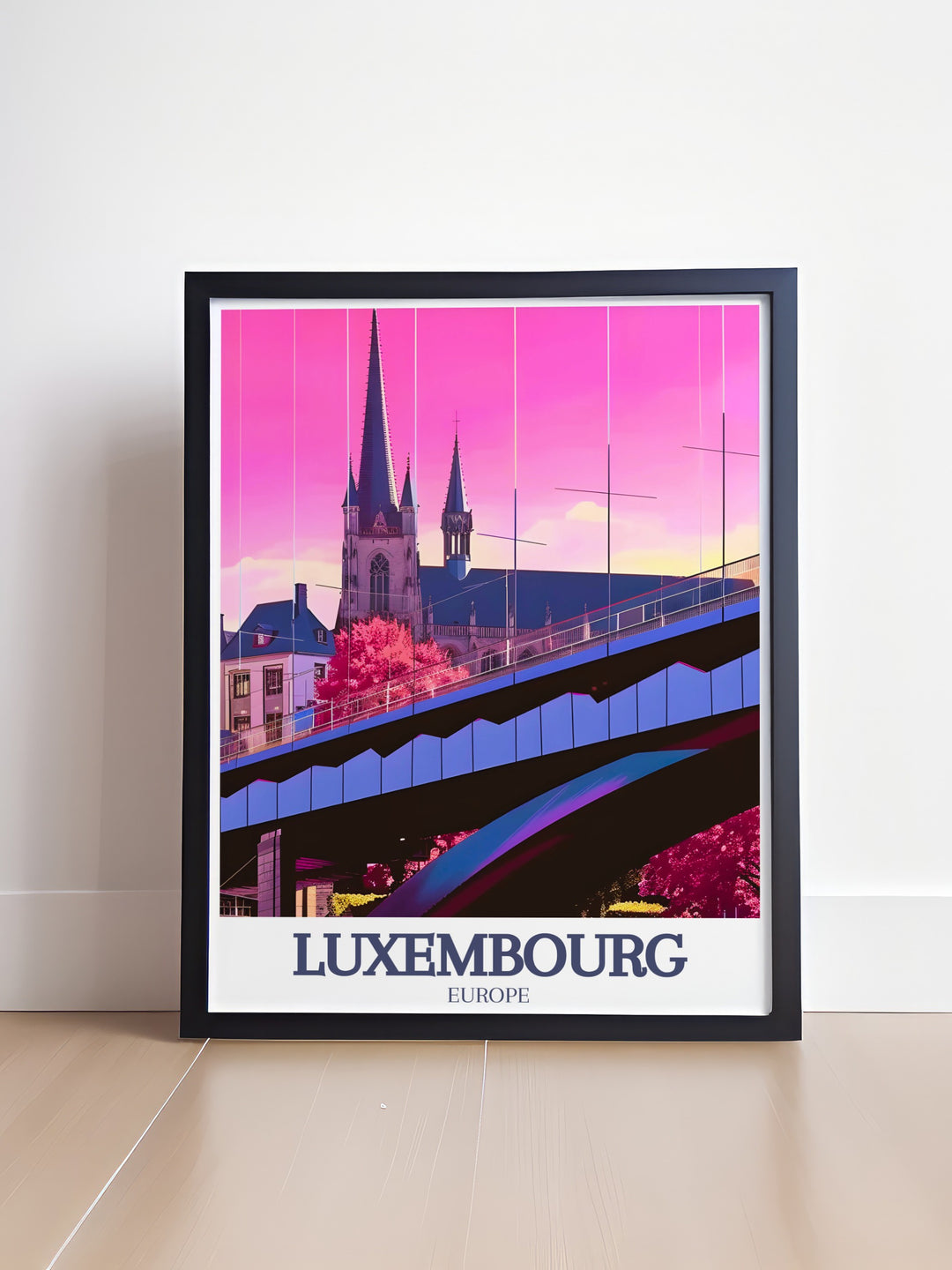 Luxembourg Travel Print brings the heart of the city to life with its depictions of Notre Dame Cathedral and Adolphe Bridge. This wall art print makes a sophisticated statement in any room, perfect for those who appreciate the blend of history and architecture.