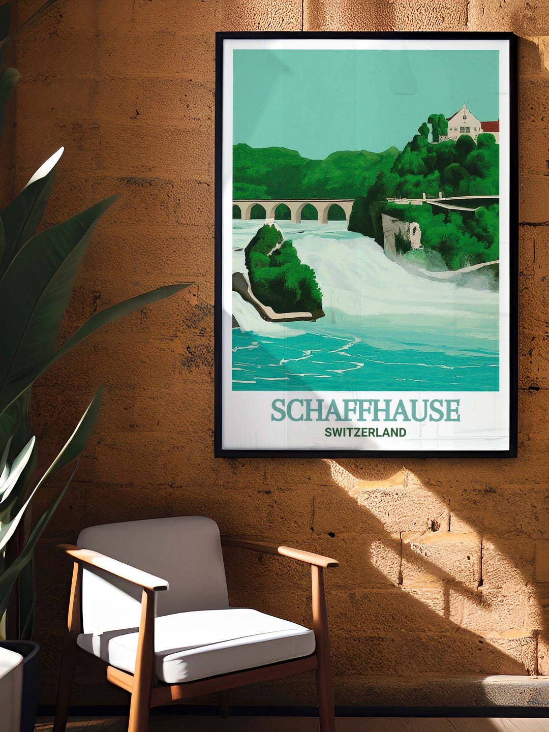 Rhine Falls travel poster capturing the power and beauty of Europes largest waterfall. Perfect for home decor or gifts, showcasing Switzerlands natural wonders. Ideal for adding a touch of elegance and natures grandeur to any space.