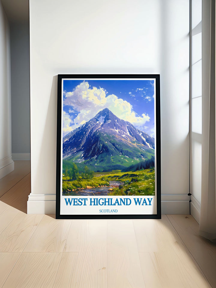 West Highland Way Art Print showcasing the stunning Buachaille Etive Mor in the Scottish Highlands. Perfect for hikers and nature lovers this Scotland Poster captures the wild beauty of Glencoe Scotland and is a must have for National Park Print collectors.