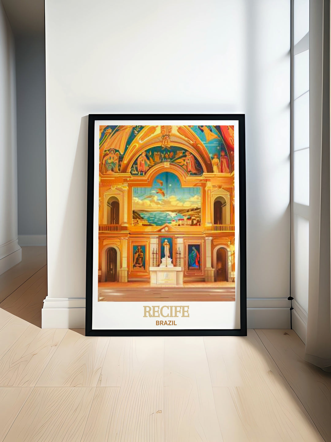 Brazilian wall art featuring Capela Dourada in Recife. This detailed poster emphasizes the ornate interiors and the grand structure of this historic chapel, offering a glimpse into Brazils colonial past through vibrant colors and fine line artistry.