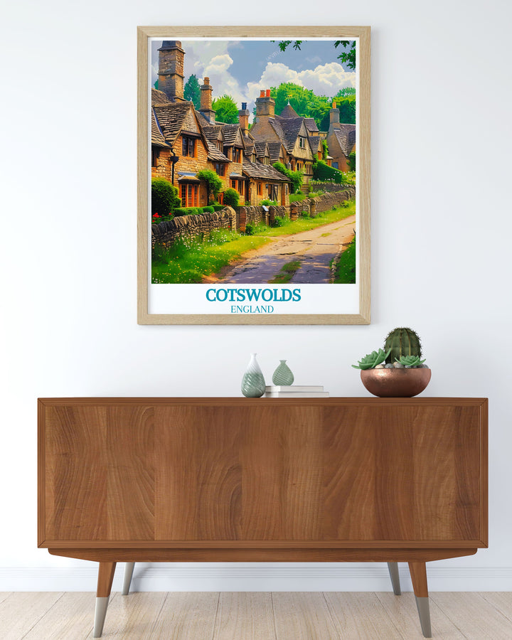 This travel print of Bibury highlights the beauty of the Cotswolds countryside, featuring Arlington Row and its historic cottages, ideal for creating a serene and inviting atmosphere in your living space.