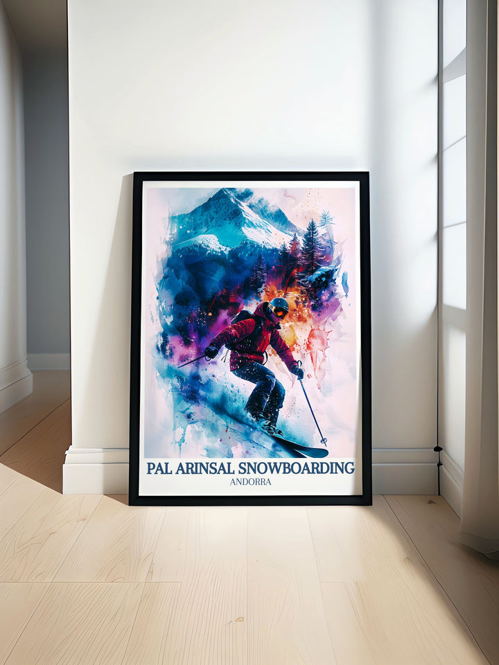 Retro Ski Poster of Andorra featuring the beautiful Pyrenees Mountains showcasing the Vallnord ski area Coma Pedrosa stunning prints perfect for living room decor and adding vintage charm to your home with elegant framed prints and bucket list travel art