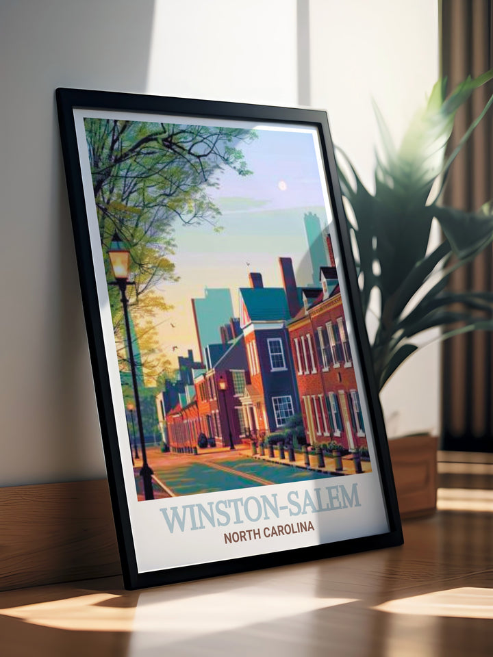 Old Salem Museums & Gardens wall art featuring a detailed illustration of the landmark. This print captures the essence of Winston Salems historical charm and the serene beauty of the gardens, perfect for any history enthusiasts home decor.