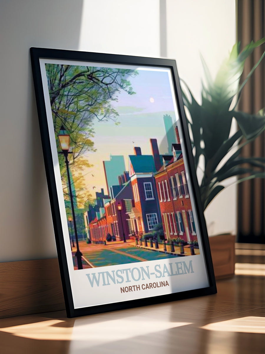 Old Salem Museums &amp; Gardens wall art featuring a detailed illustration of the landmark. This print captures the essence of Winston Salems historical charm and the serene beauty of the gardens, perfect for any history enthusiasts home decor.