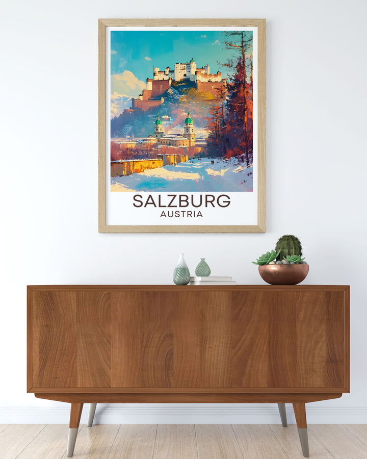 Zauchensee skiing and Hohensalzburg Fortress come together in this vintage travel print. Perfect for home decor, the print brings the thrill of skiing and the charm of Salzburg into your living room. A must have for travel enthusiasts.