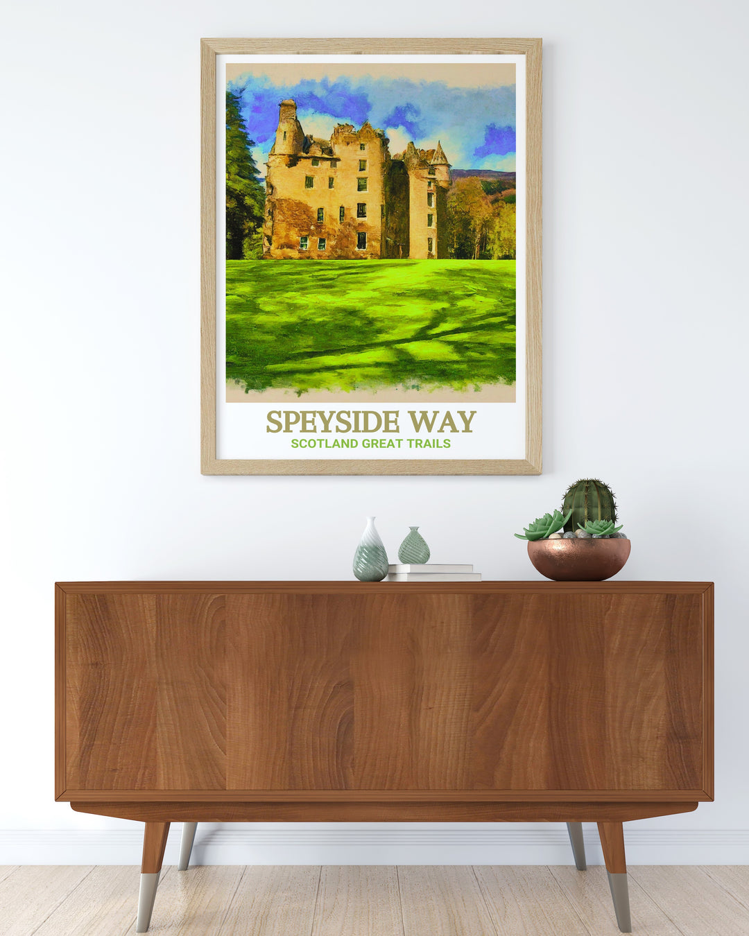 Ballindalloch Castle art print showcasing the scenic beauty of this notable landmark along the Speyside Way. This artwork highlights the castles vibrant colors and tranquil ambiance, making it a perfect addition to any space that seeks to evoke the spirit of Scotland.