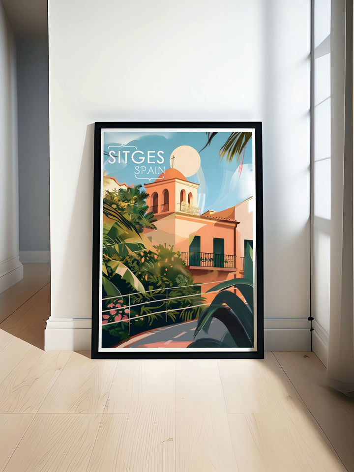 This detailed art print showcases the Church of Sant Bartomeu i Santa Tecla in Sitges, Spain, beautifully capturing the landmarks timeless charm and coastal setting. Perfect for art lovers and travel enthusiasts, this piece adds a touch of Spain to your décor.