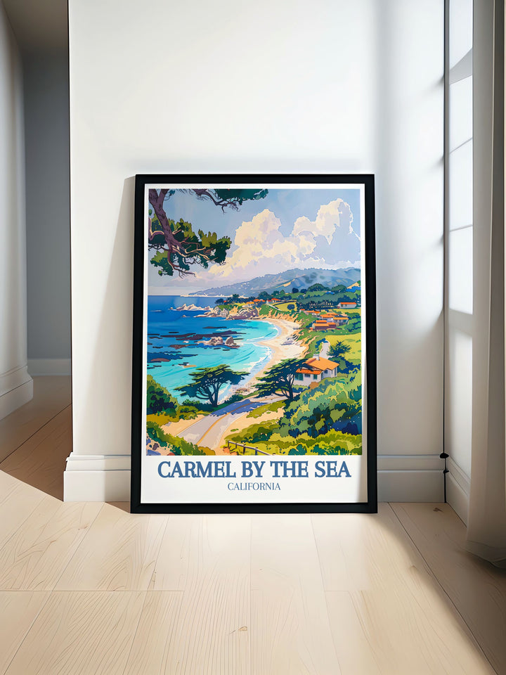This detailed travel poster captures the serene beauty of Carmel Beach in California, highlighting its soft white sand and clear blue waters, making it a perfect addition to any home decor. Ideal for beach lovers and those who appreciate tranquil coastal views.