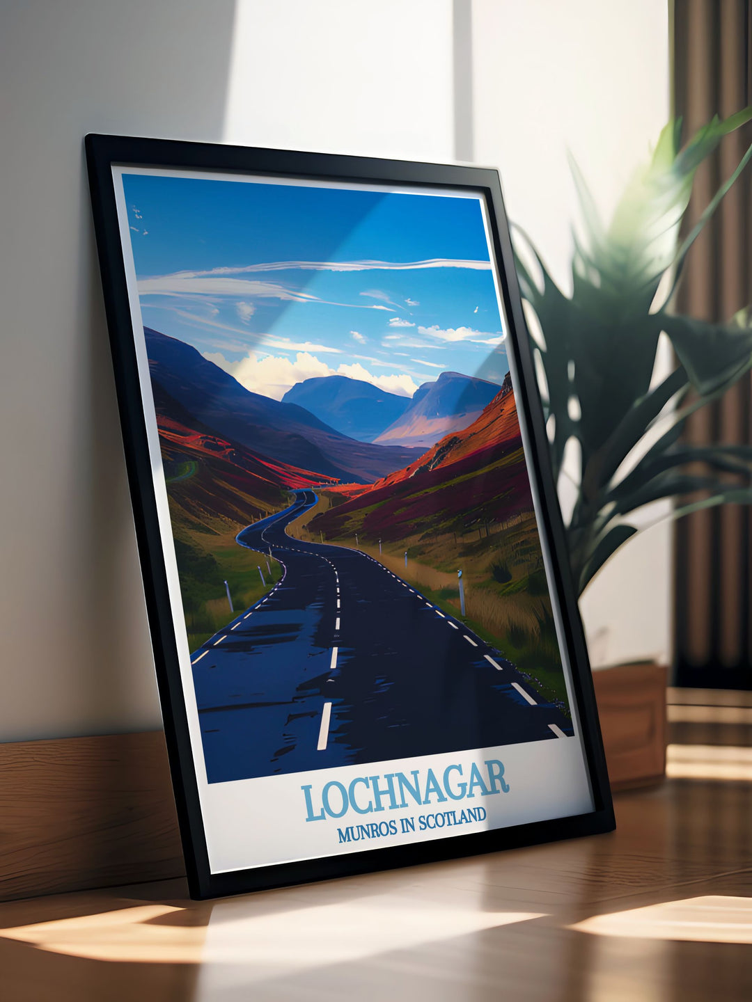 Cairnwell Pass Home Décor showcasing the majestic peaks of the Scottish Highlands with artistic vintage travel prints of Lochnagar Munro and Beinn Chìochan Munro perfect for enhancing your living space with the beauty of Scottish mountains