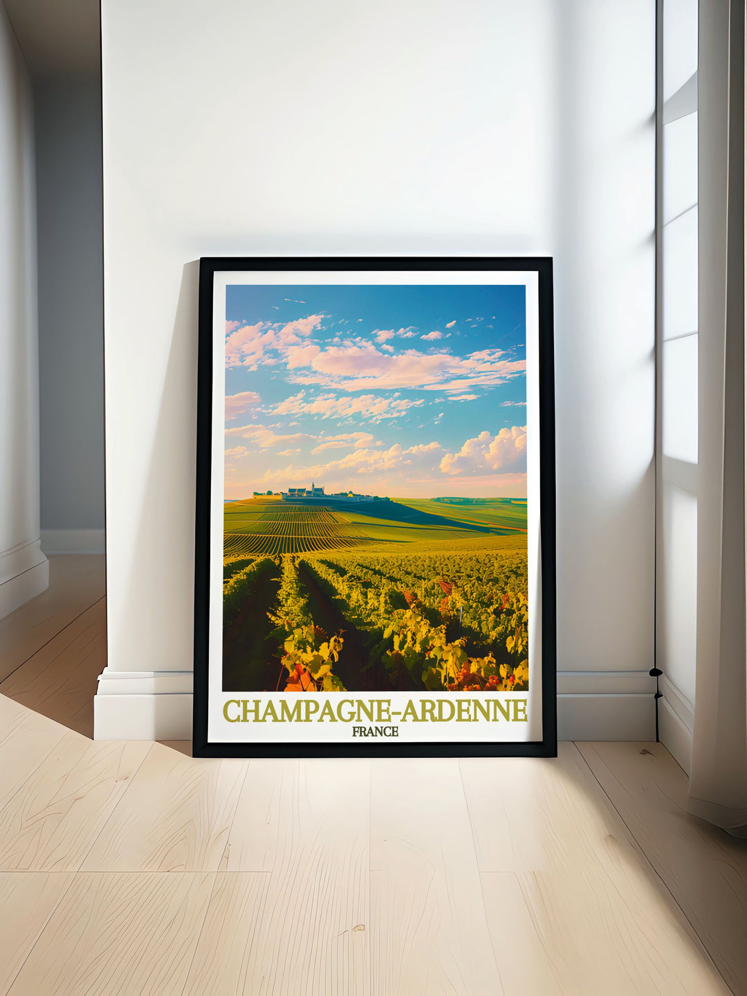 Stunning travel print of Montagne de Reims showcasing the rolling hills and lush vineyards of Champagne Ardenne. Perfect for wall art or gifts, this poster captures the serene beauty of France with exquisite detail and vibrant colors, ideal for home decor.