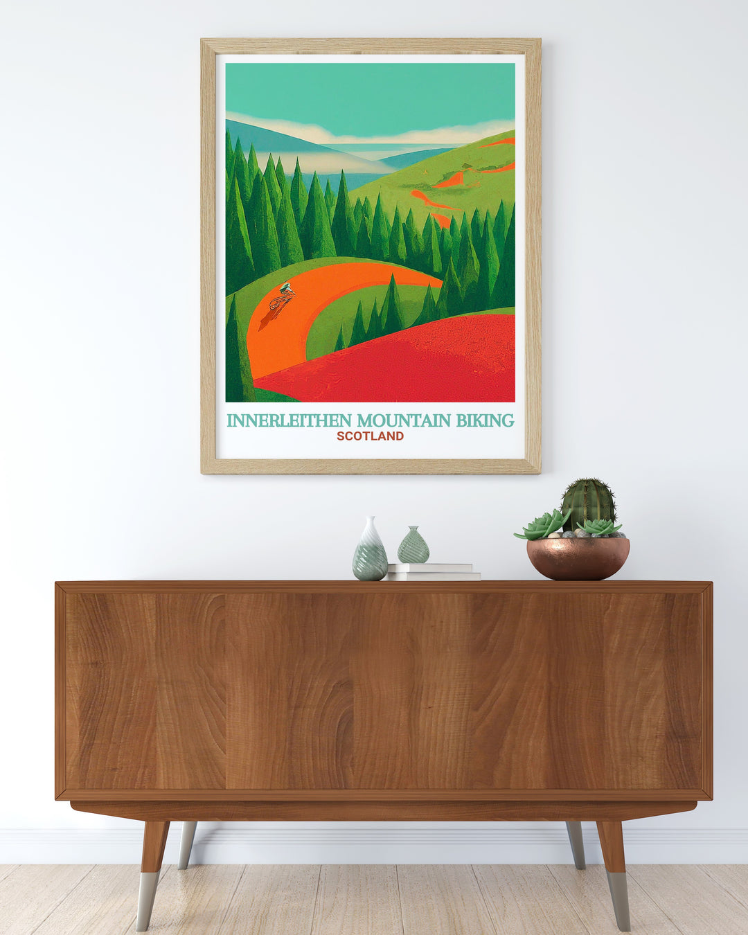 Tweed Valley wall art captures the essence of Scotlands mountain biking culture, with its renowned Caberston Forest and Innerleithen trails. This travel poster is ideal for cycling enthusiasts and adventurers alike.