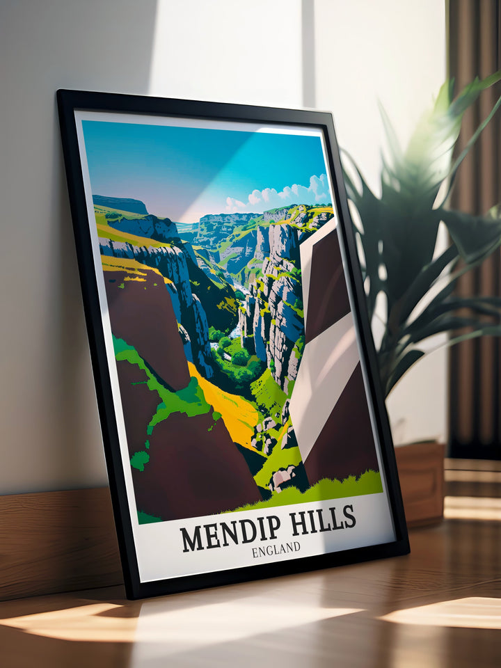 This Mendip Hills poster print captures the natural beauty of the Mendip Hills, Cheddar Gorge, and Somerset, making it a perfect addition for nature lovers. The artwork highlights the sweeping landscapes and iconic cliffs of this stunning AONB.