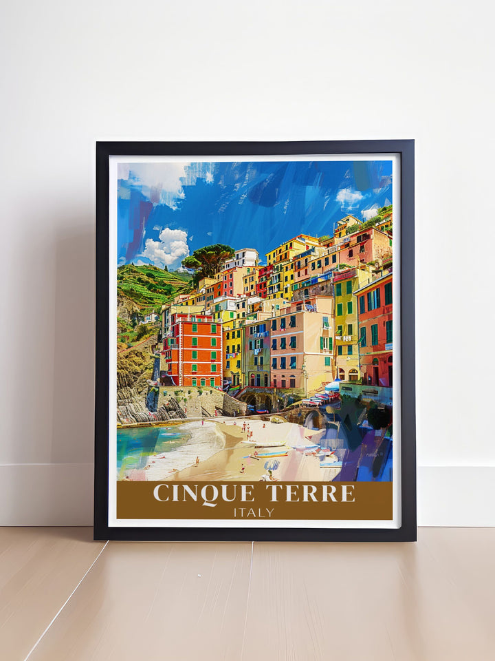 Vibrant Monterosso al Mare poster from Cinque Terre a beautiful addition to your home decor that captures the lively spirit and breathtaking views of this beloved Italian destination perfect for travel enthusiasts.