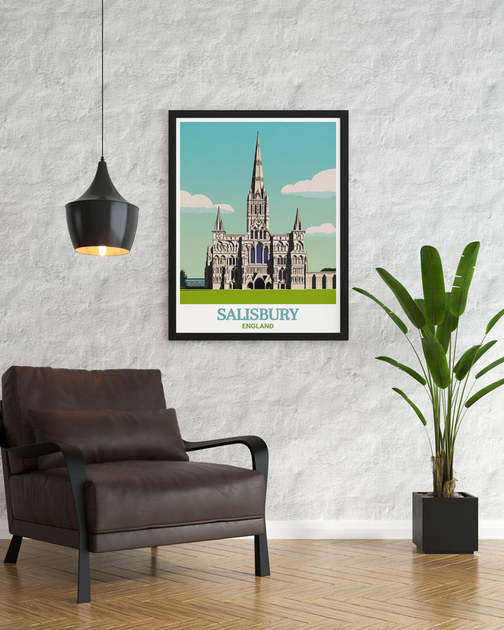 Canvas print of Salisbury Cathedral, capturing the timeless elegance of this English Gothic masterpiece. Ideal for creating a focal point in any room, this artwork celebrates the cultural heritage of England.