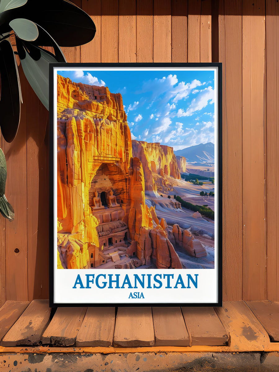 The Bamiyan Buddha Statues depicted in an exquisite Afghanistan Photo capturing the timeless beauty and spiritual essence of these ancient marvels a perfect addition to any home decor