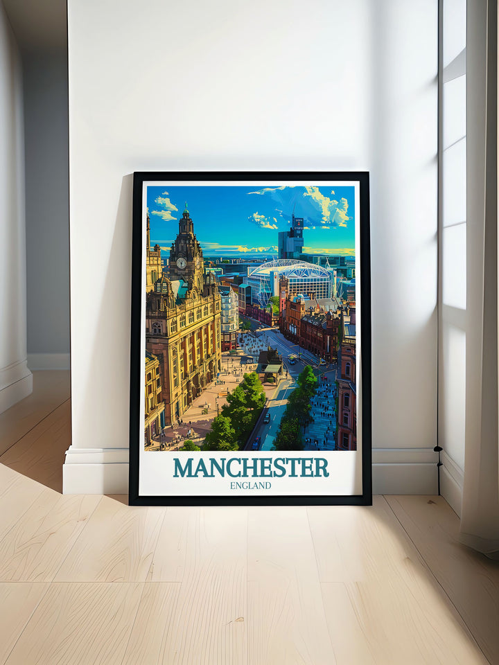 Manchester town hall and Old Trafford stadium print showcasing the iconic landmarks perfect for fans of vintage travel prints and retro travel posters capturing the essence of Manchesters architectural beauty and cultural significance.