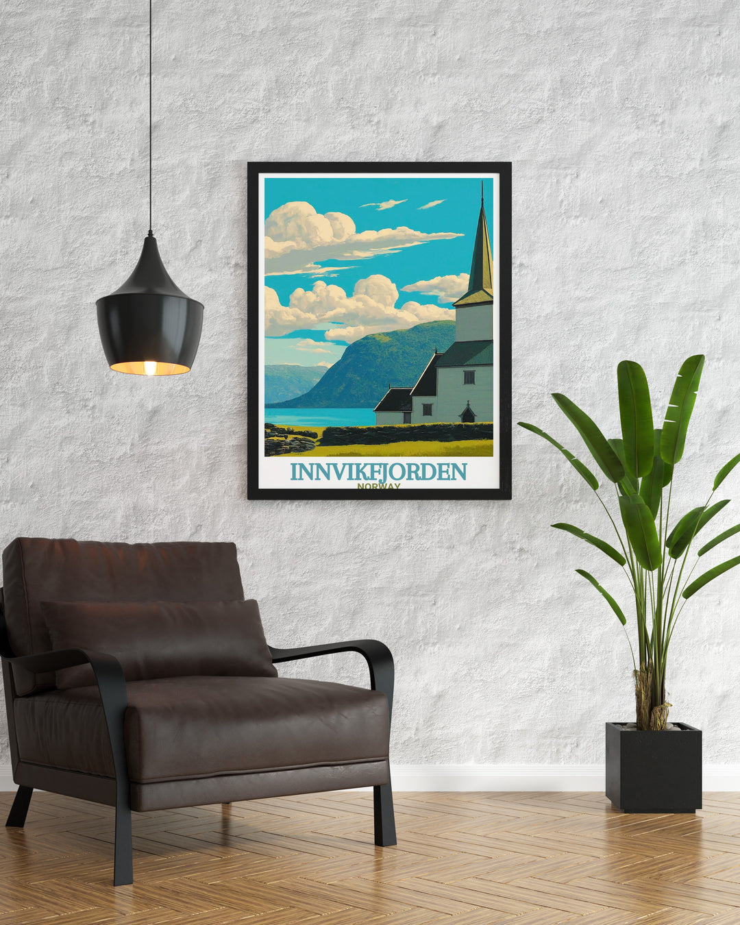 Captivating Innvik Church prints highlighting the majestic fjord cliffs and tranquil waters of Innvikfjorden Norway perfect for art lovers
