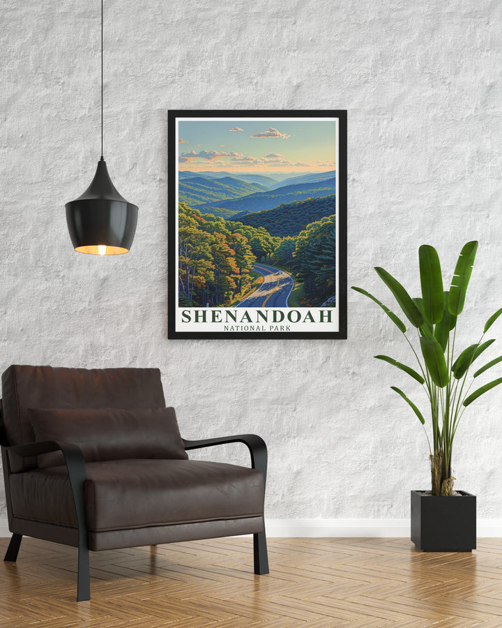 Add a touch of nature to your home decor with this travel print of Skyline Drive in Shenandoah National Park. The artwork features stunning views of the parks rolling hills and misty mountain peaks, perfect for lovers of the outdoors and scenic drives.