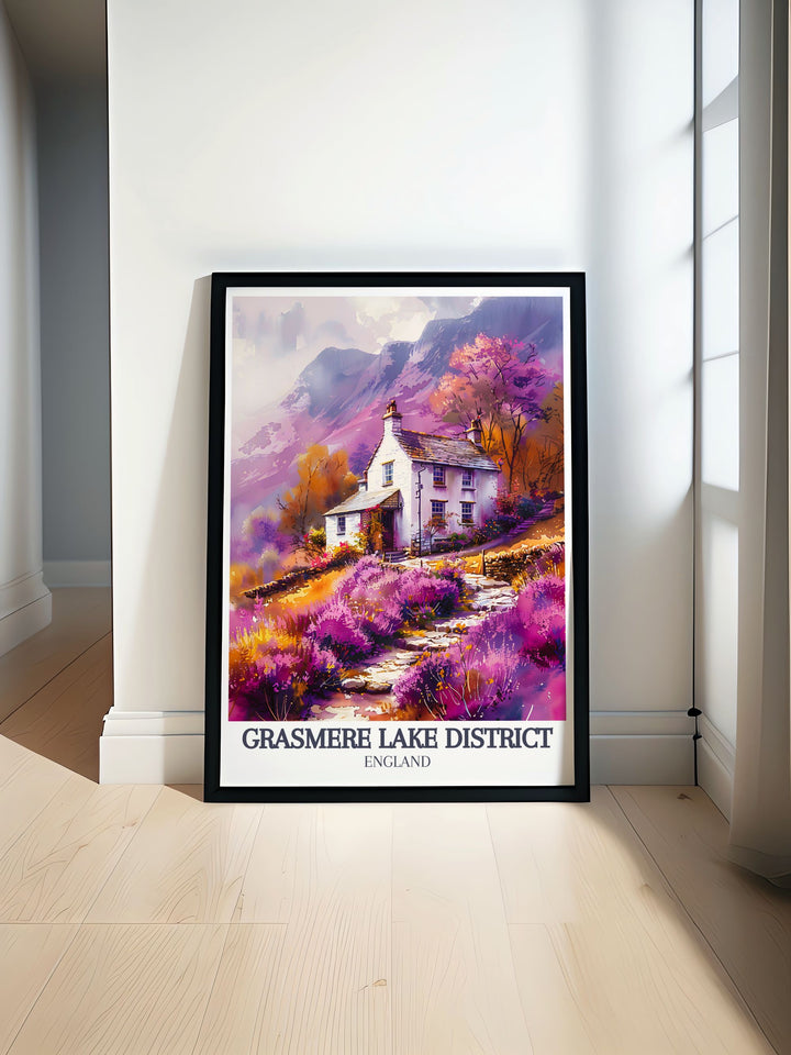 This art print captures the tranquil beauty of Grasmere Lake in the Lake District, England, along with the historic charm of the village, perfect for adding a touch of serenity and history to your home.